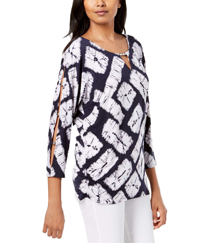 JM Collection Petite Printed Split Sleeve Keyhole Tunic