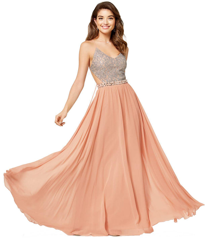 City Studios Juniors Open Back Metallic Bodice Gown