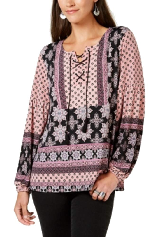 Style & Co Petite Printed Lace Up Peasant Top