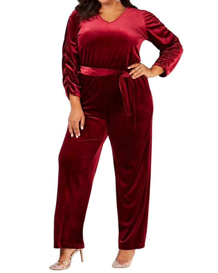 NY Collection Plus Size Belted Velvet Jumpsuit