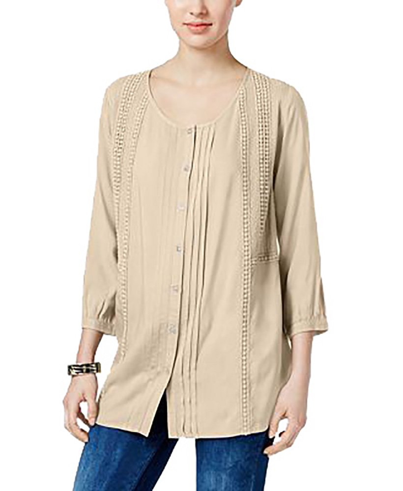 JM Collection Pleated Crochet Trim Blouse
