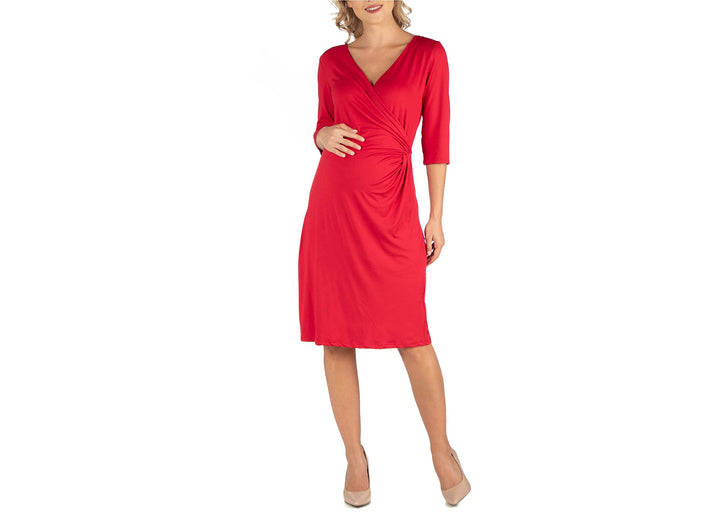 24seven Comfort Apparel Three Quarter Sleeve Knee Length Maternity Wrap Dress