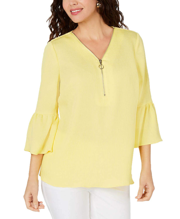 JM Collection Bell-Sleeve Zip Top (Lemon Frost, L)