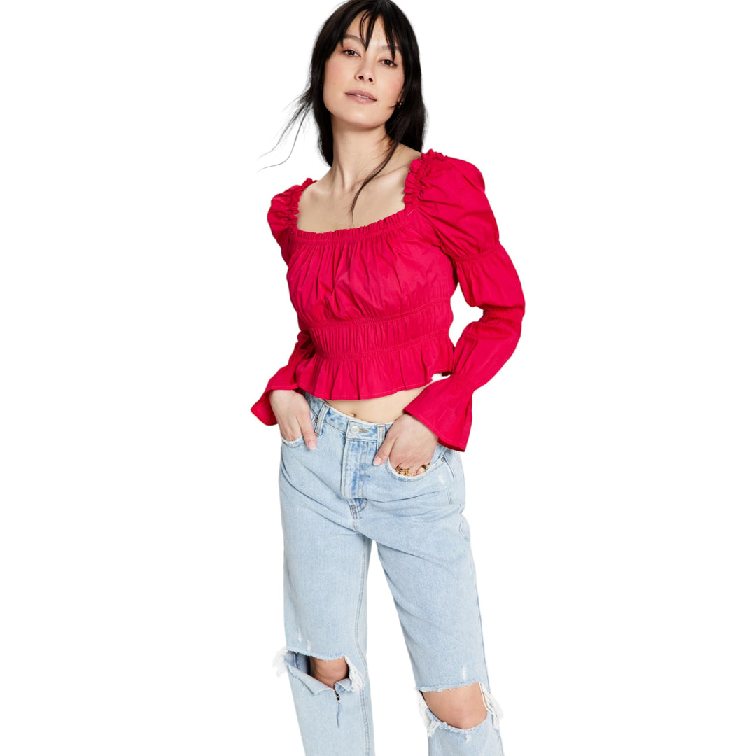 Now This Womens Cotton Ruched Puff Sleeve Top