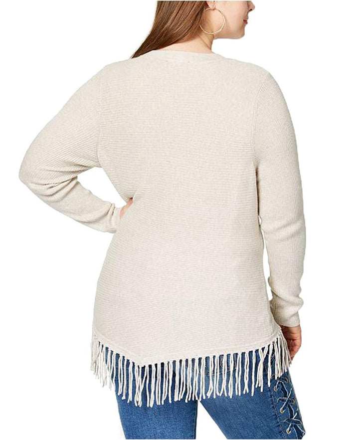 Plus Size Lace Up Fringe Tunic Sweater