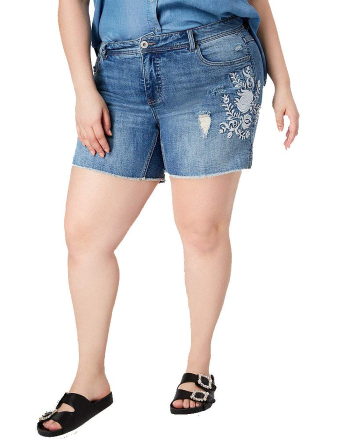 Plus Size Embroidered Tummy Control Denim Shorts