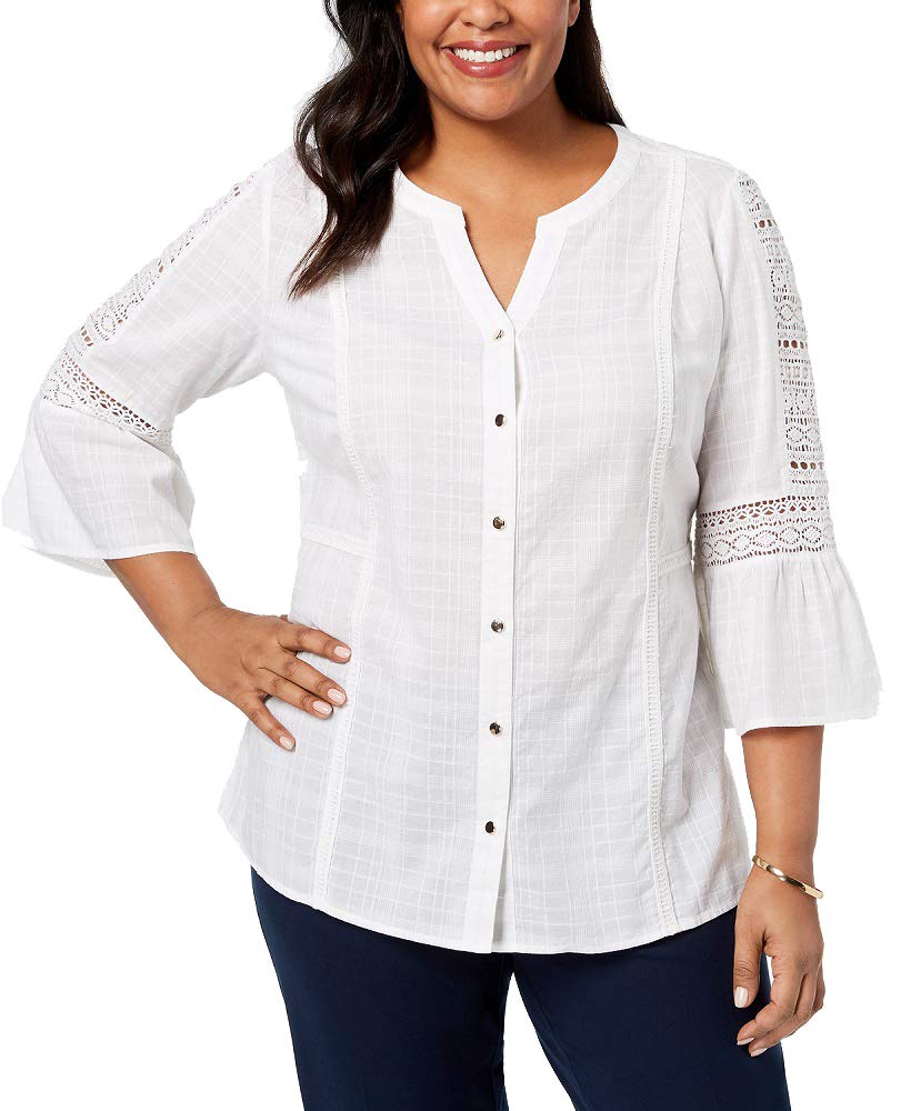 JM Collection Plus Size Cotton Crochet Sleeve Shirt