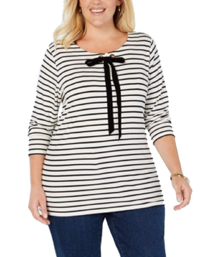 Plus Size Striped Velvet-Tie Neck Top