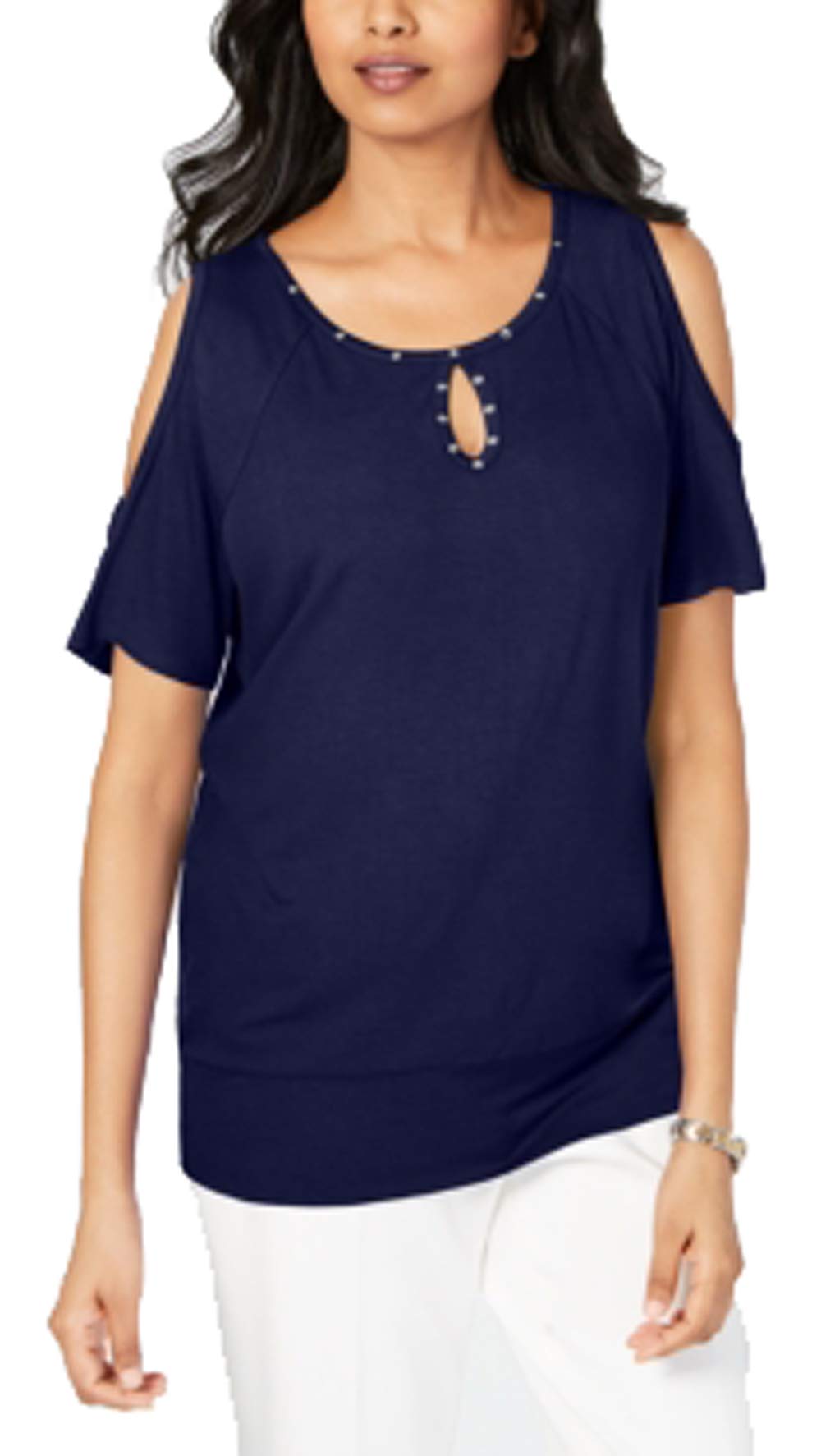 Petite Studded Cold-Shoulder Keyhole Top