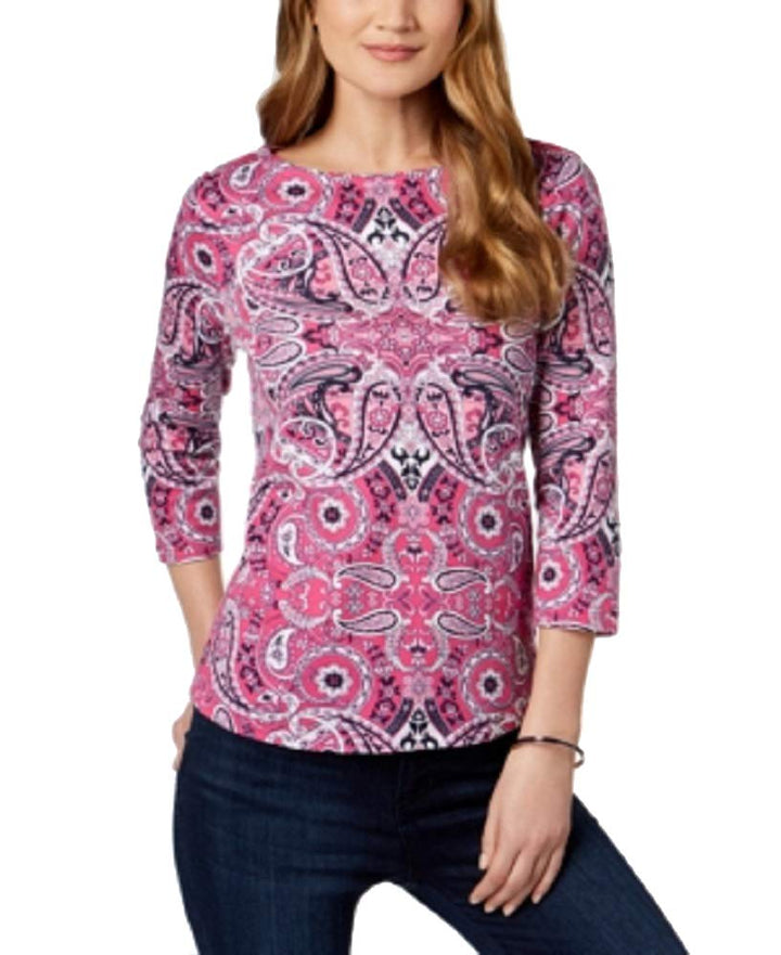 Button-Shoulder Print Top