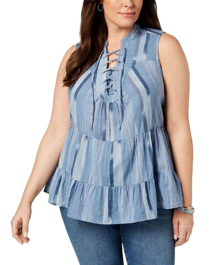 Style & Co Plus Size Cotton Striped Lace Up Ruffled Top