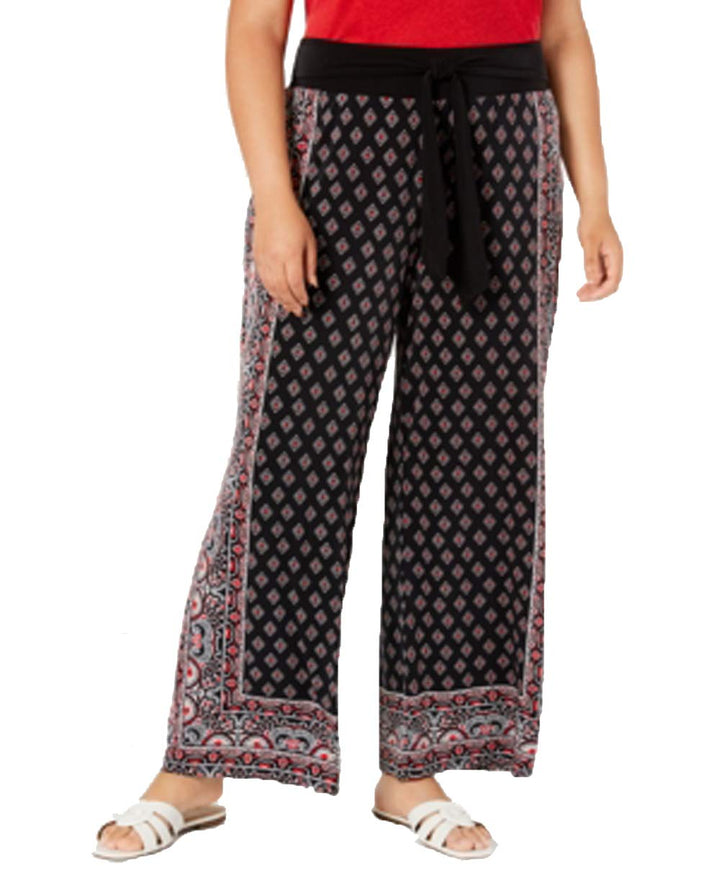 Plus Size Border Print Tie Waist Pants