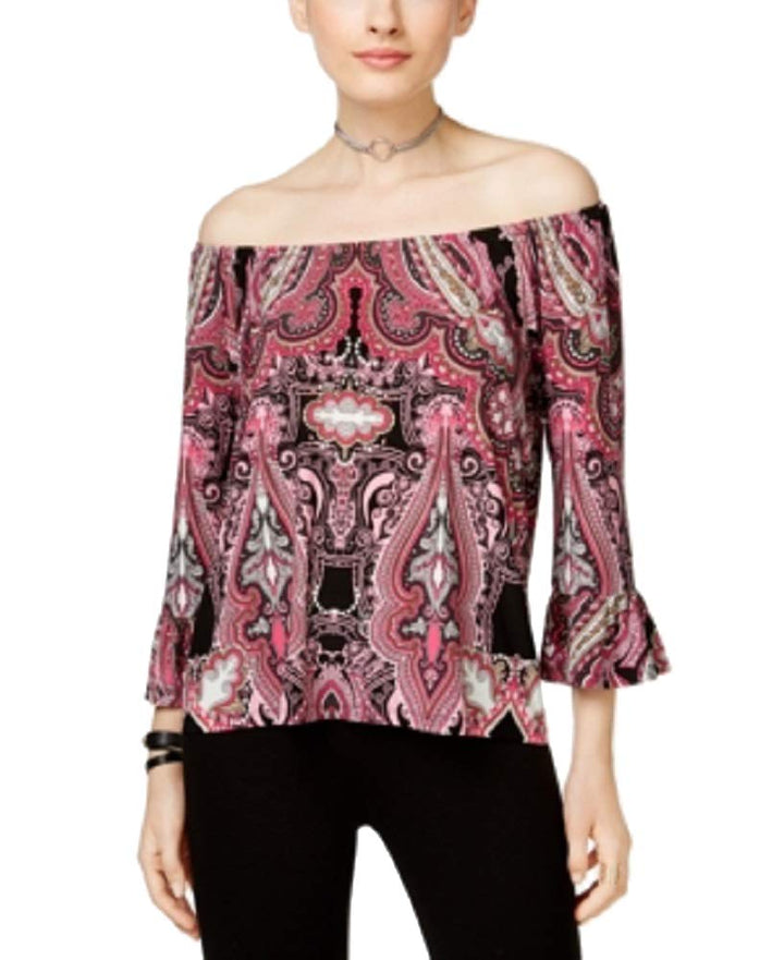 INC International Concepts Petite Printed Off The Shoulder Ruffle Top