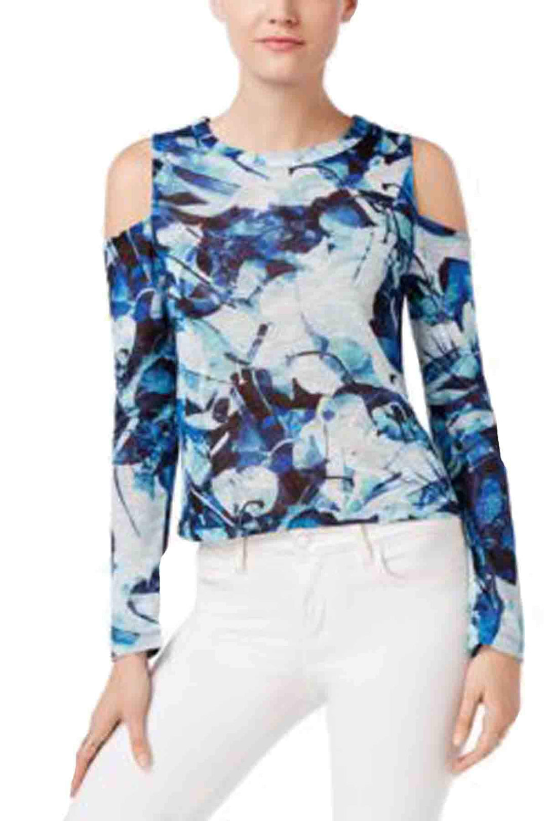Bar III Hacci Printed Cold Shoulder Top