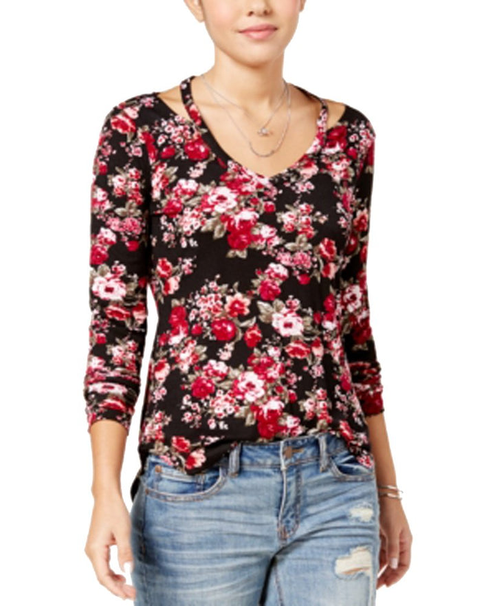 Juniors' Printed Cutout-Neck Top