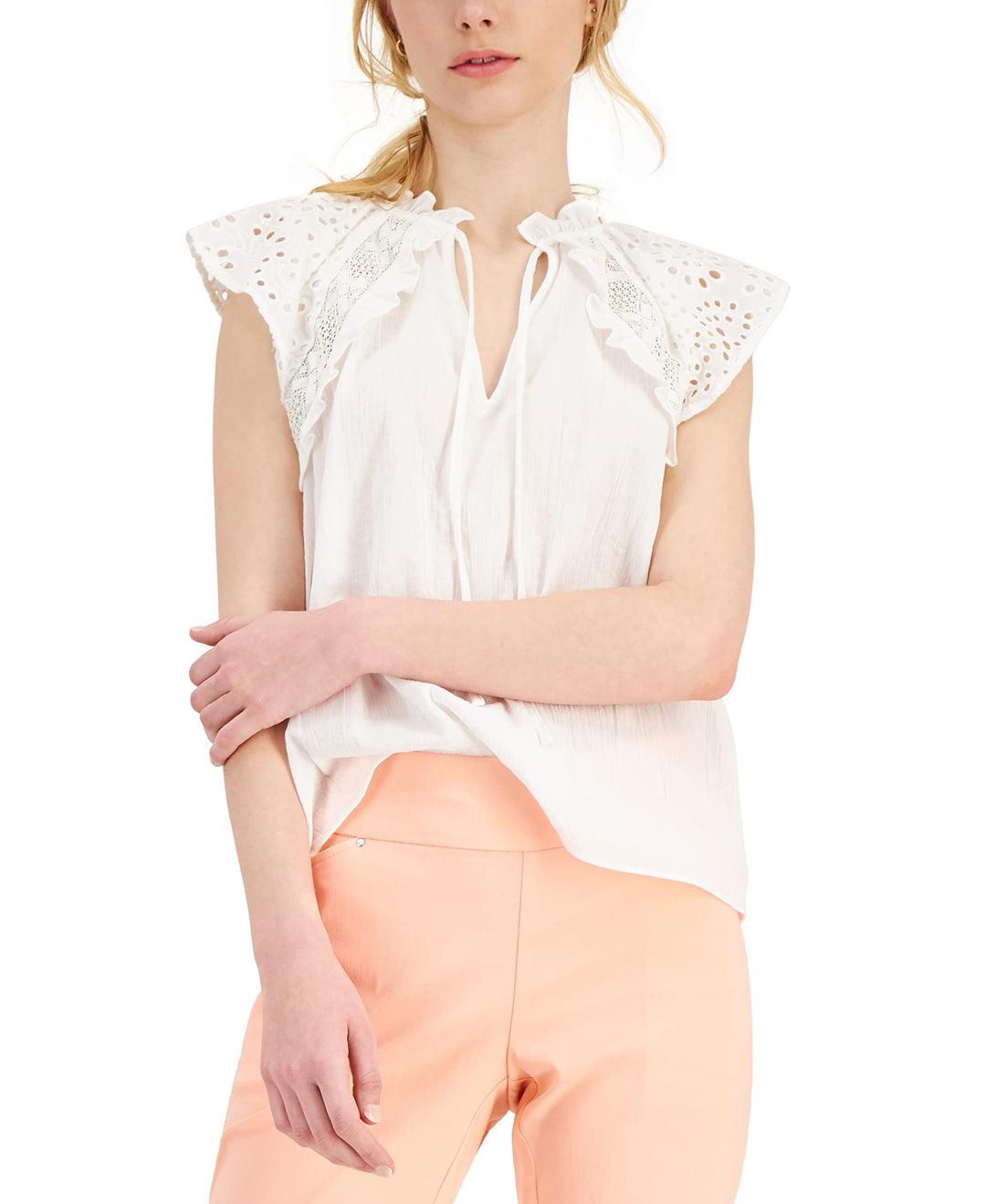 INC International Concepts Cotton Eyelet Trim Top