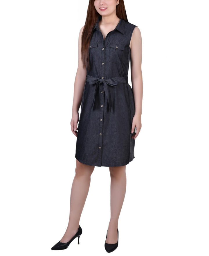 Petite Sleeveless Belted Denim Dress