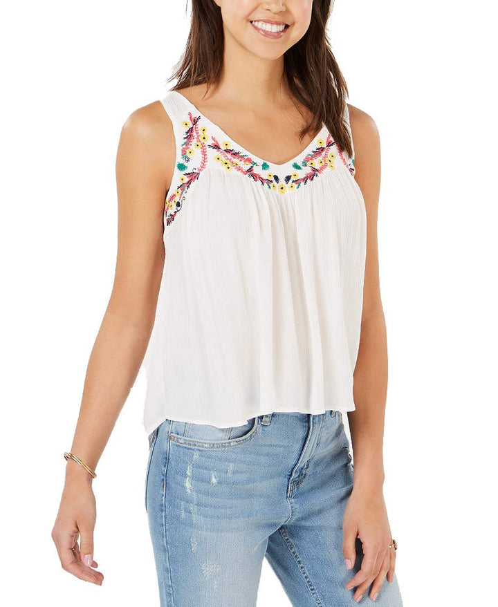 Juniors' Sleeveless Embroidered Top