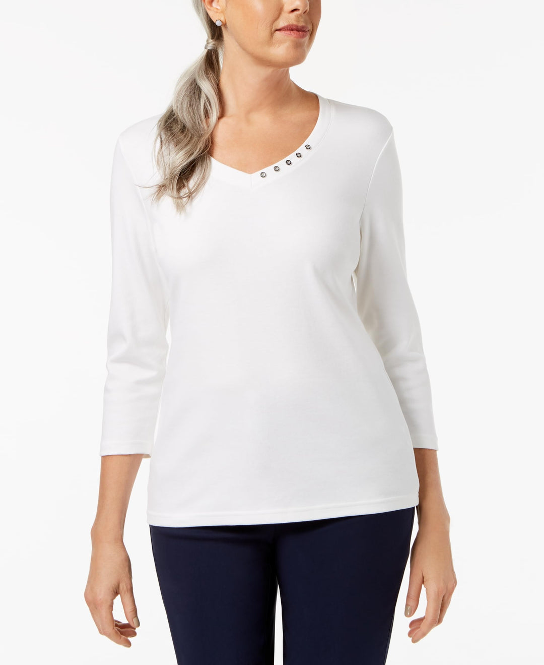 Karen Scott Cotton V Neck Button Top