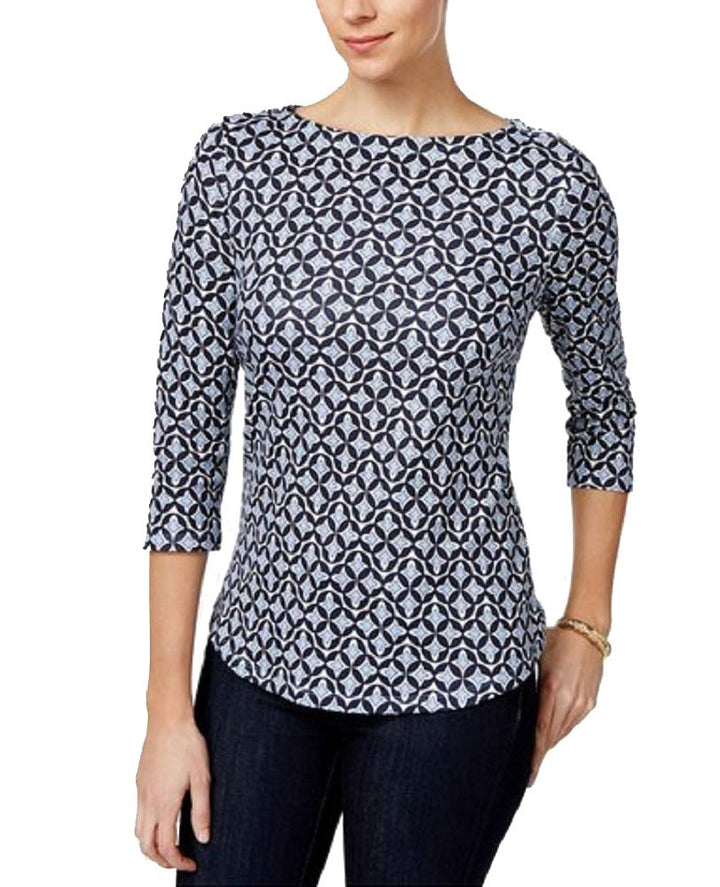 Charter Club Button Shoulder Print Top