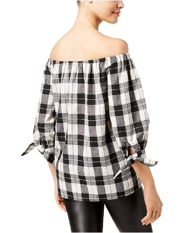 Say What Juniors Plaid Off The Shoulder Top