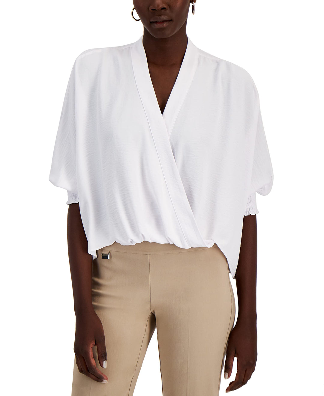 Alfani Faux Wrap Smocked Cuff Top