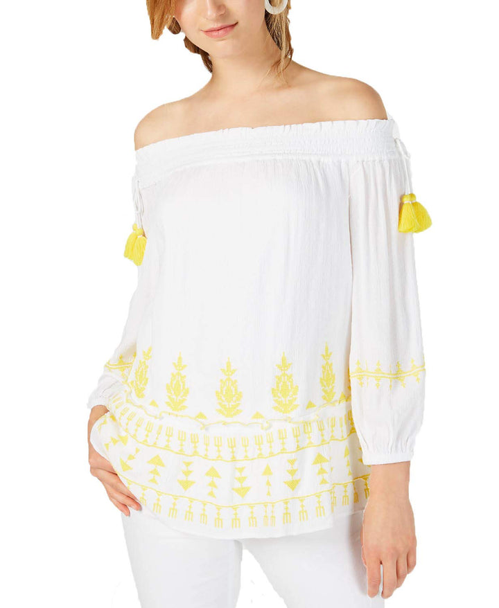 Smocked Embroidered Off The Shoulder Top