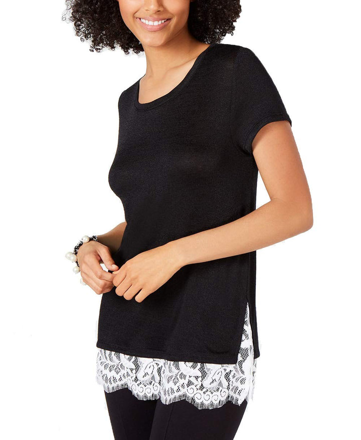 INC Short-Sleeve Lace-Trim Knit Top