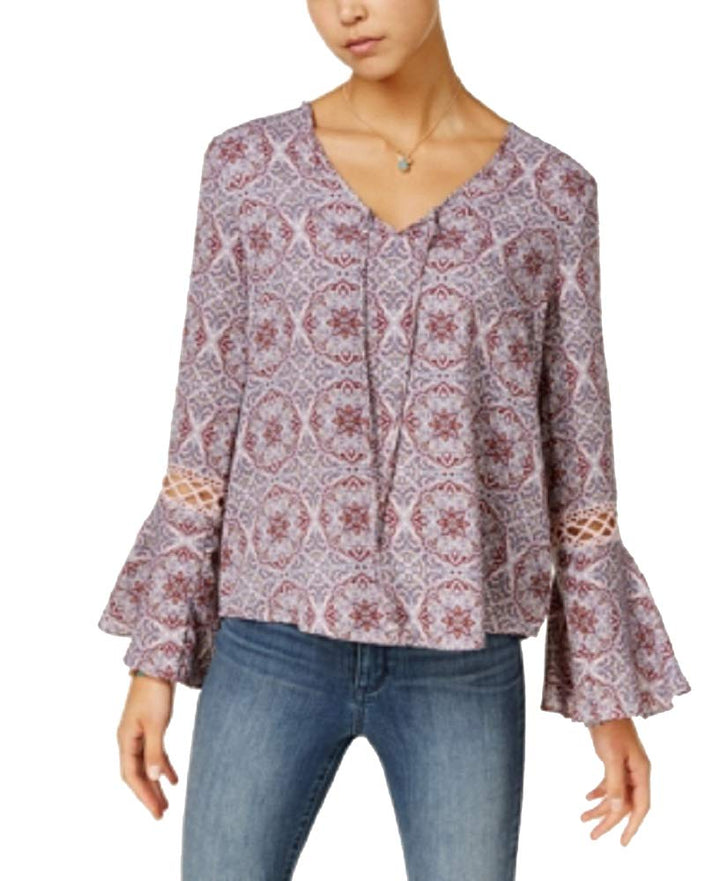 Hippie Rose Juniors Printed Crochet Bell Sleeve Top