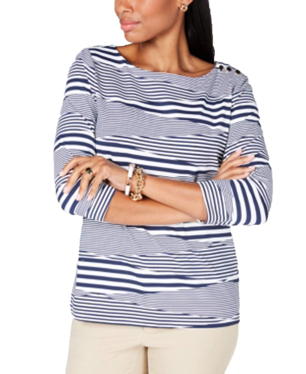Charter Club Button Shoulder Striped Top