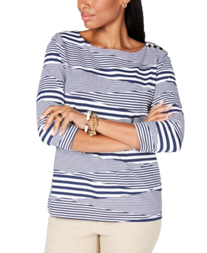 Charter Club Button Shoulder Striped Top