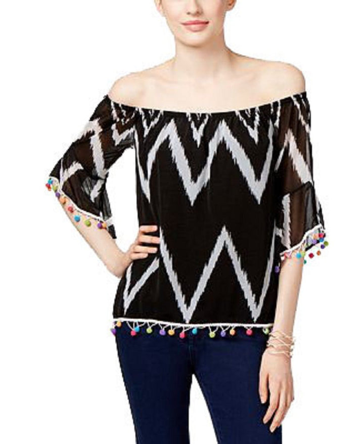 INC International Concepts Petite Printed Pom Pom Off The Shoulder Top