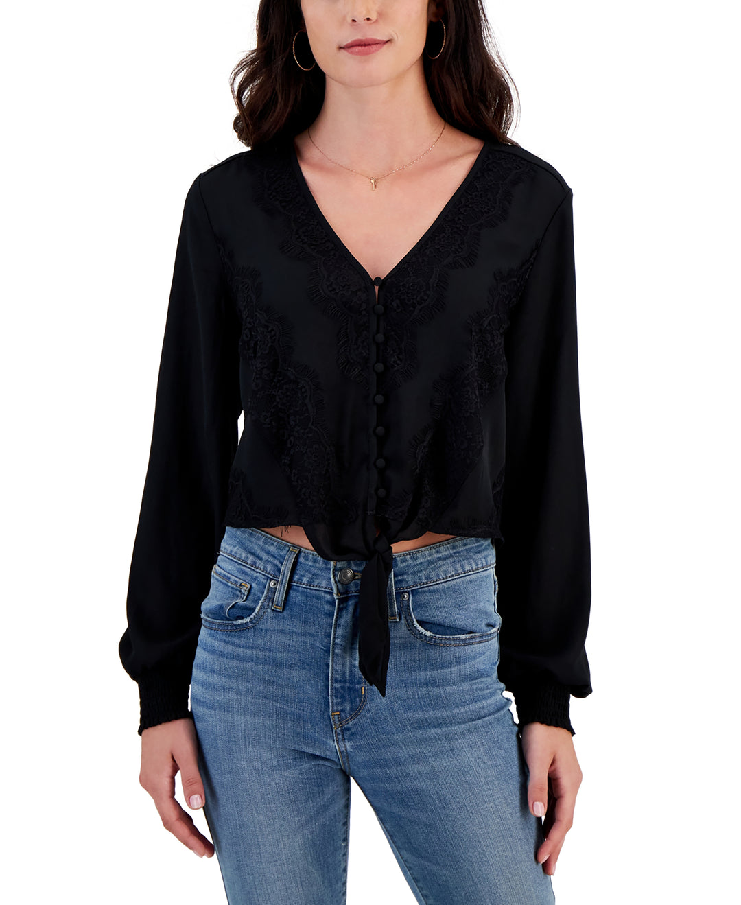 Juniors' Lace-Trimmed V-Neck Tie-Front Top