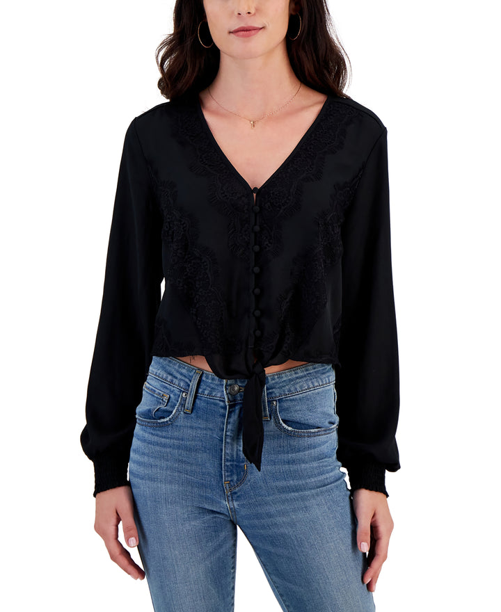 Juniors' Lace-Trimmed V-Neck Tie-Front Top