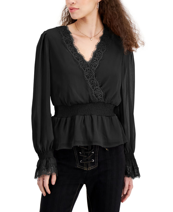 Juniors' Lace-Trim Bell-Sleeve Peasant Top