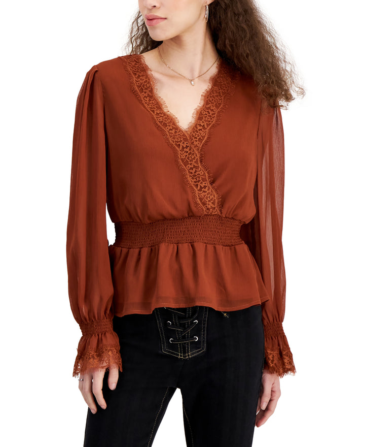 Juniors' Lace-Trim Bell-Sleeve Peasant Top