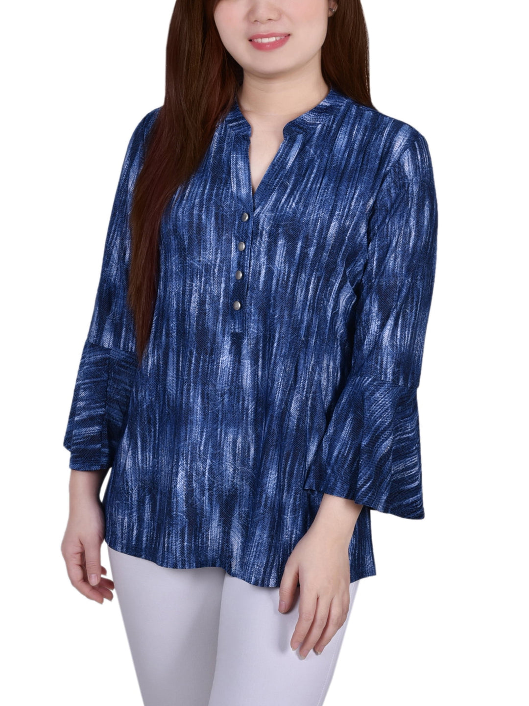 Petite 3/4 Bell Sleeve Printed Pleat Front Y-neck Top