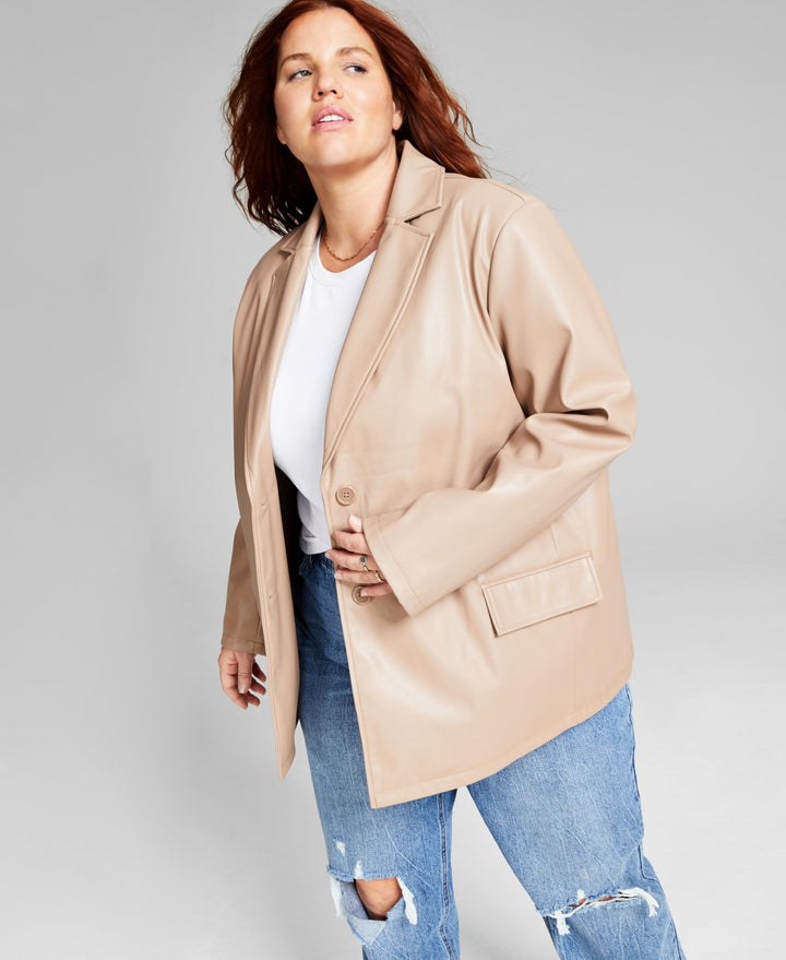 Trendy Plus Size Long Faux-Leather Blazer