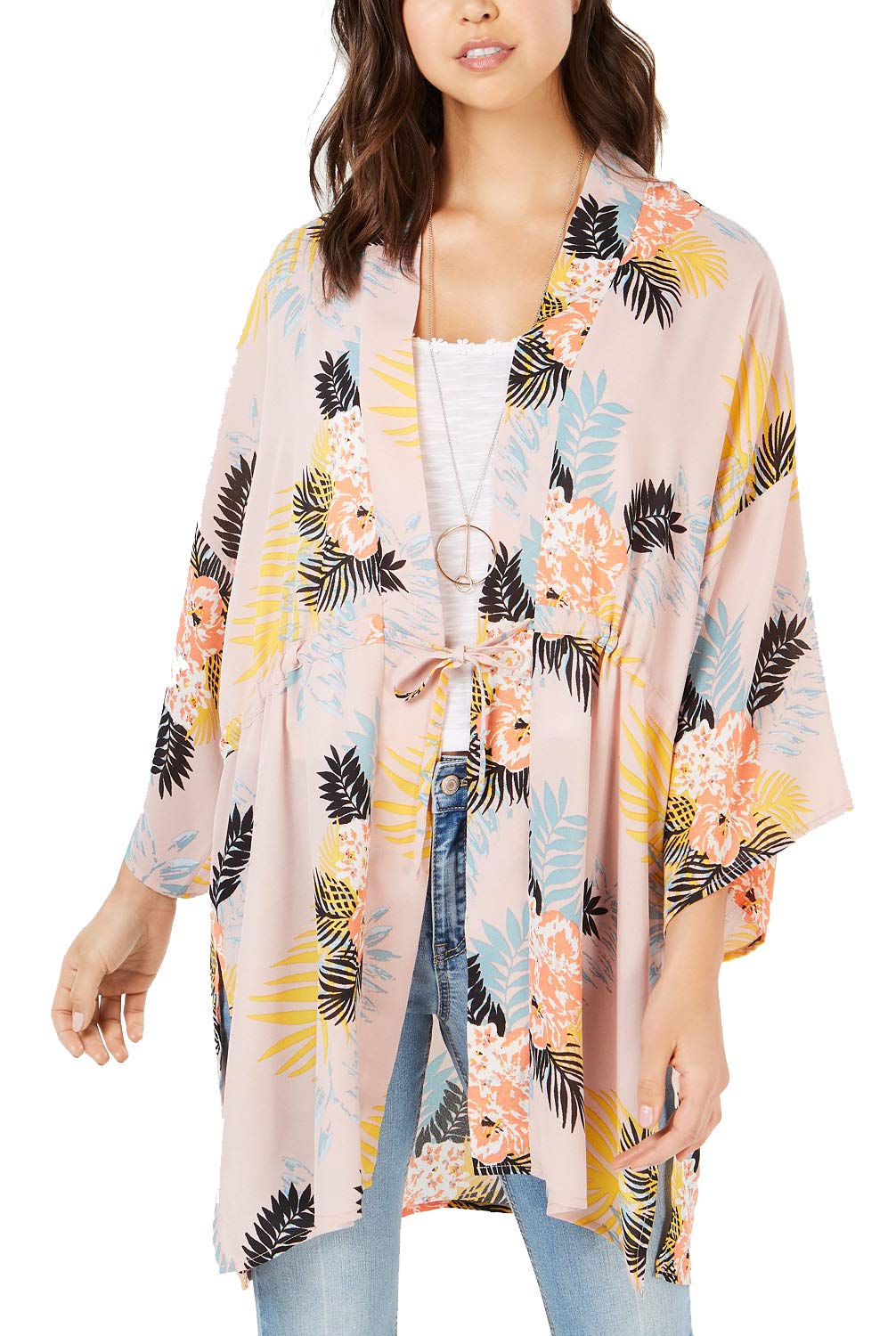 Juniors' Tie-Front Bouquet-Print Kimono