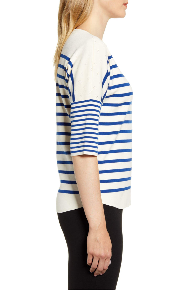 Anne Klein Striped Boat-Neck Sweater (Anne White/Cezanne Blue, XXS)
