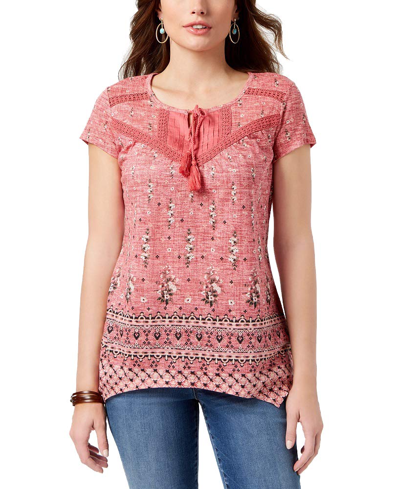 Style & Co Petite Printed Crochet Trim Top
