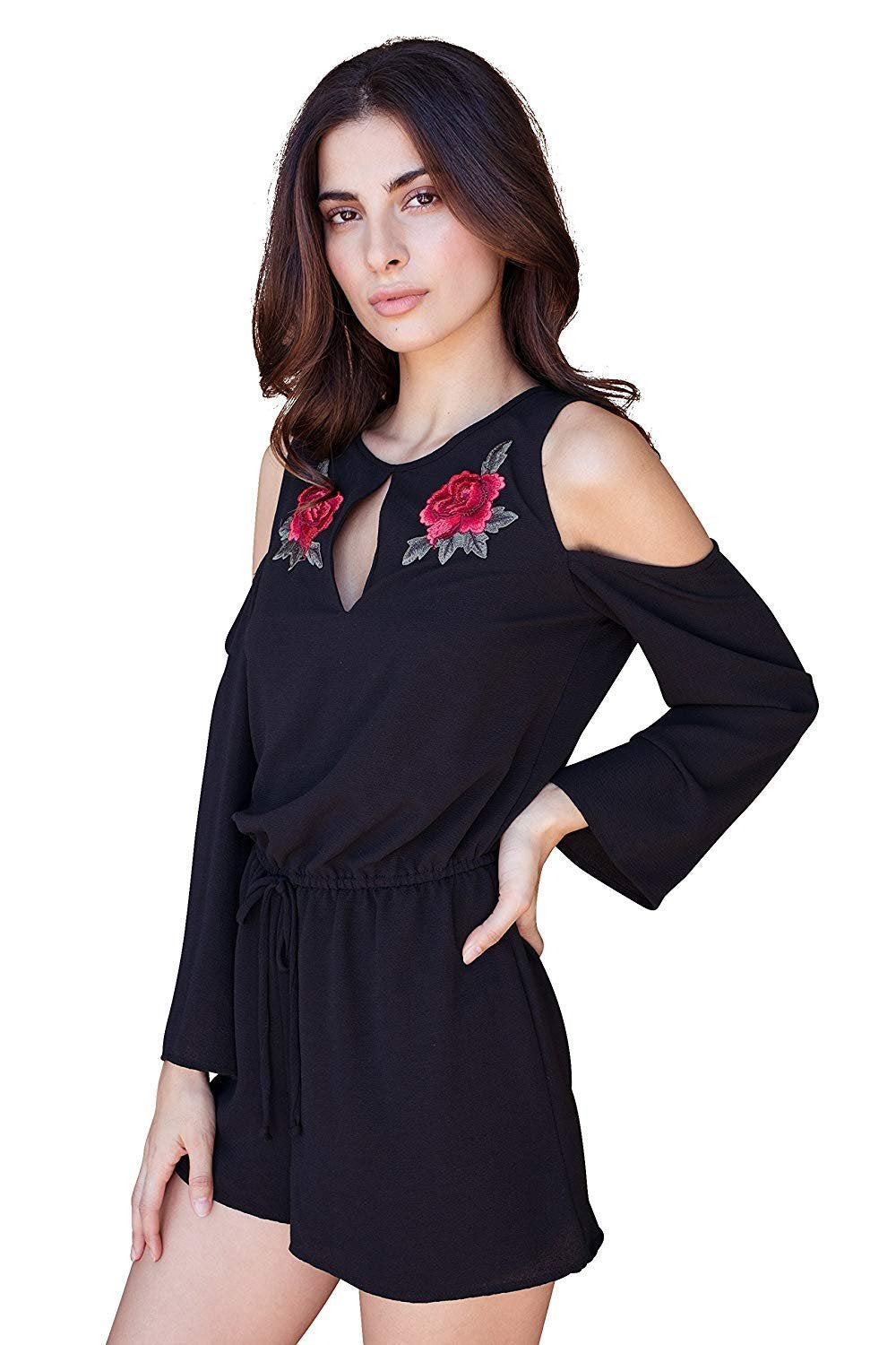 Be Bop Juniors Rose Applique Cold Shoulder Romper