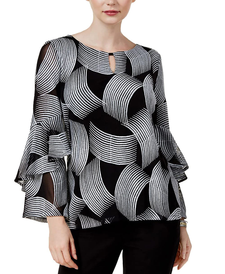Alfani Petite Mesh Embroidered Ruffle Sleeve Top