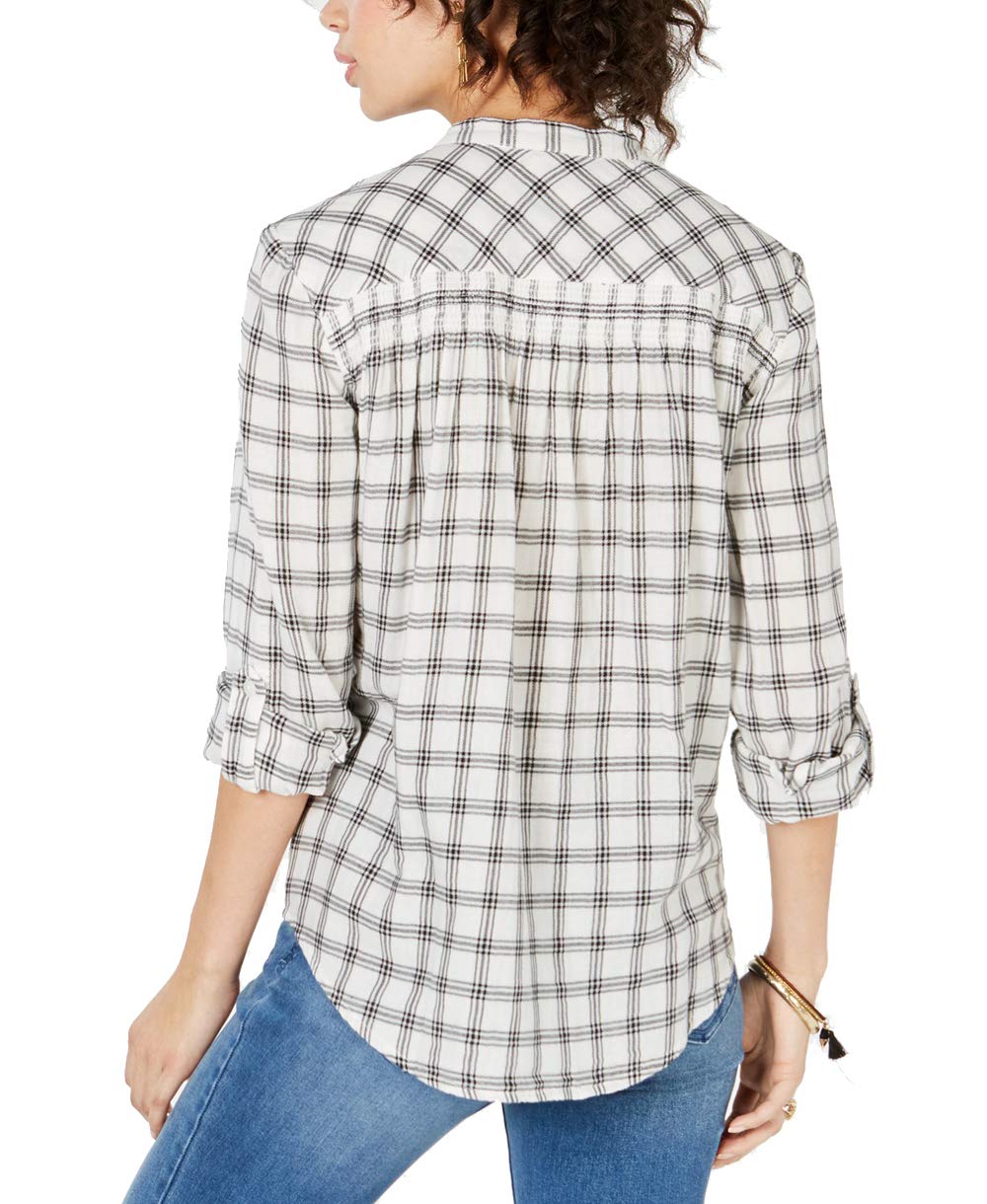 Cotton Smocked Plaid Button-Front Top