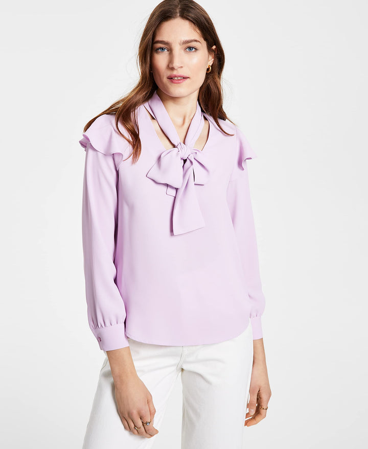 Bar III Bow Neck Ruffled Shoulder Blouse