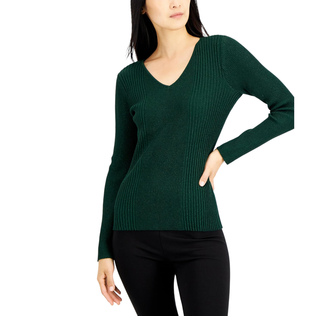 Alfani Womens Metallic Ribbed V Neck Sweater