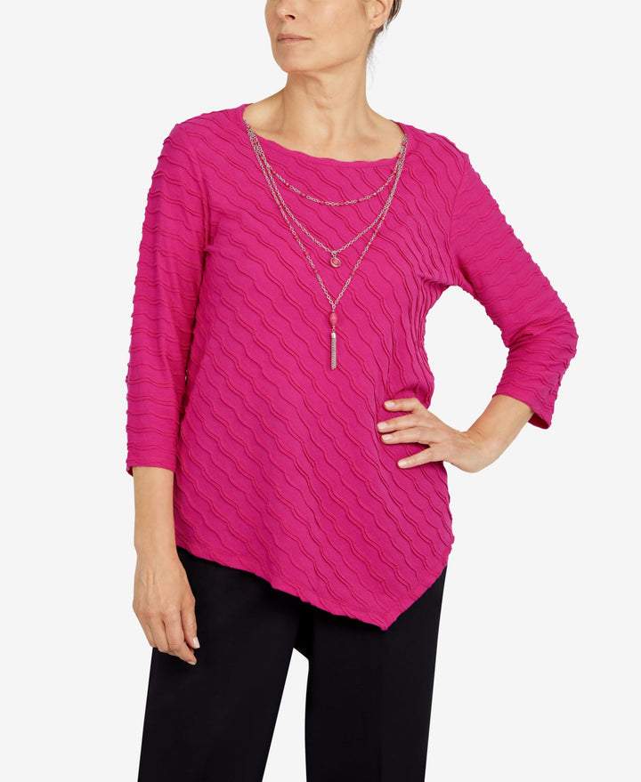 Alfred Dunner Petite Theater District Solid Texture Asymmetrical Hem Top With Removable Necklace