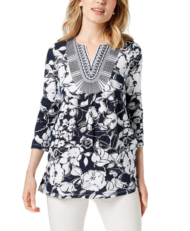 Charter Club Cotton Printed Embroidered Top