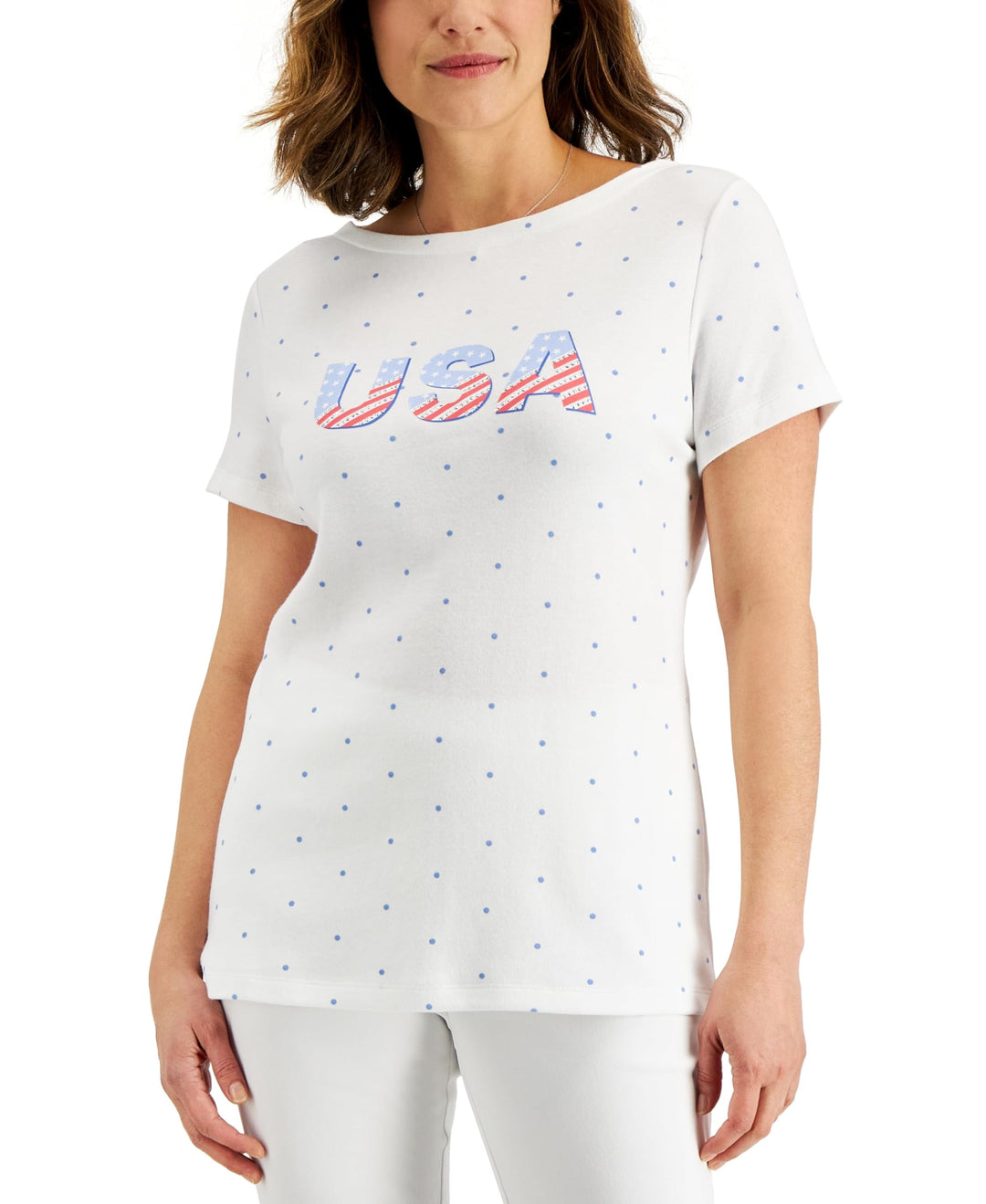Karen Scott Petite Short Sleeve Usa Stars Boatneck Top