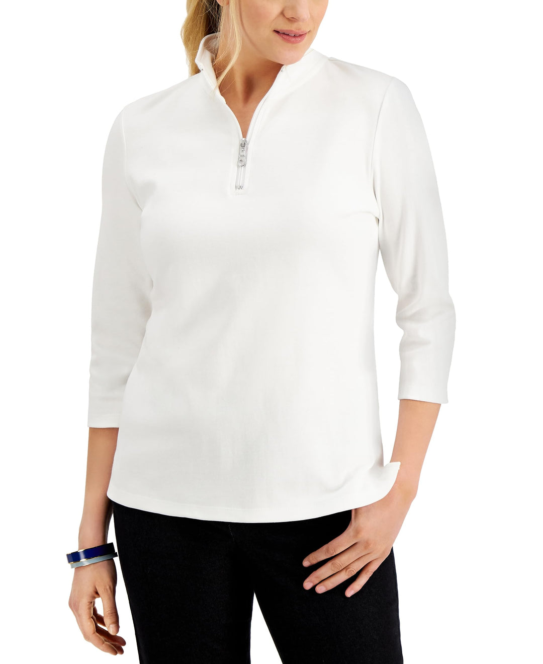 Karen Scott Cotton Zip Neck Top